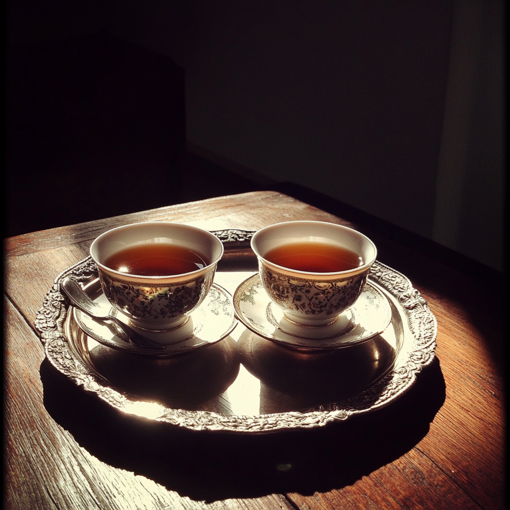 Tazas de té en una bandeja de plata | Fuente: Midjourney