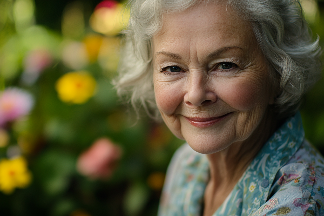 Una anciana sonriente en su jardín | Fuente: Midjourney