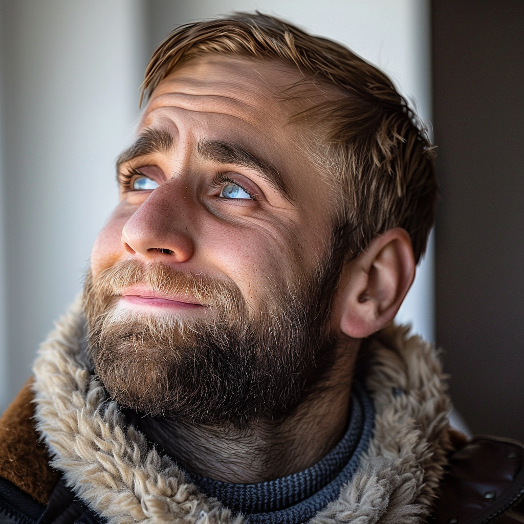 Un hombre mirando hacia arriba y sonriendo | Fuente: Midjourney