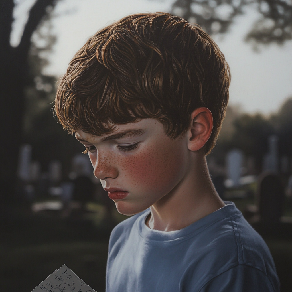 Un niño emocionado leyendo una carta en un cementerio | Fuente: Midjourney