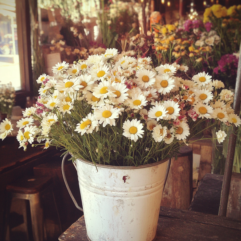 Un cubo de margaritas en una floristería | Fuente: Midjourney