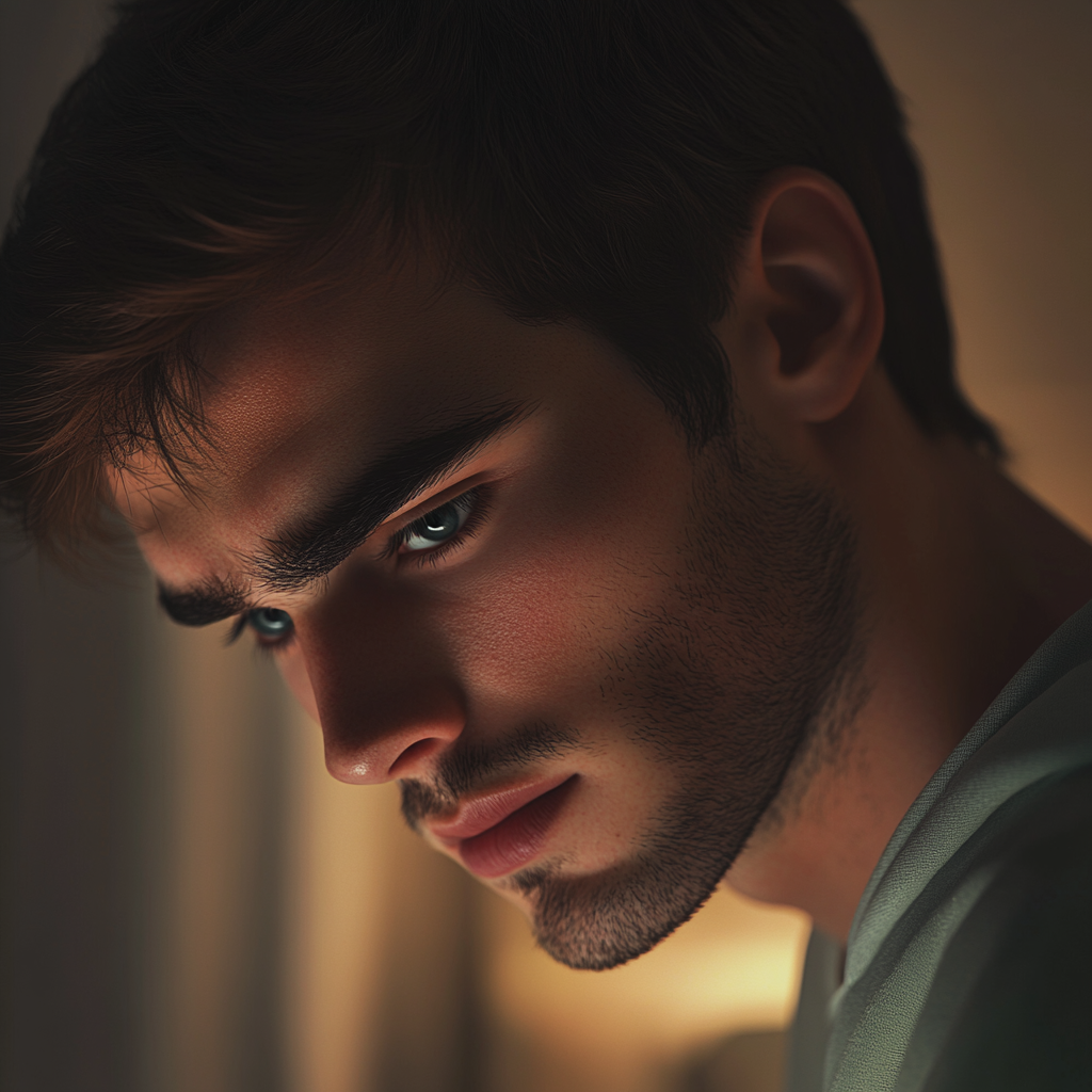 Un joven desconsolado con la mirada baja | Fuente: Midjourney