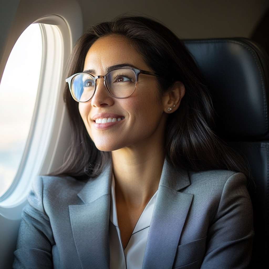 La mujer está sentada junto a la ventanilla de un avión, sonriente y aliviada por estar de camino a su destino final | Fuente: Midjourney