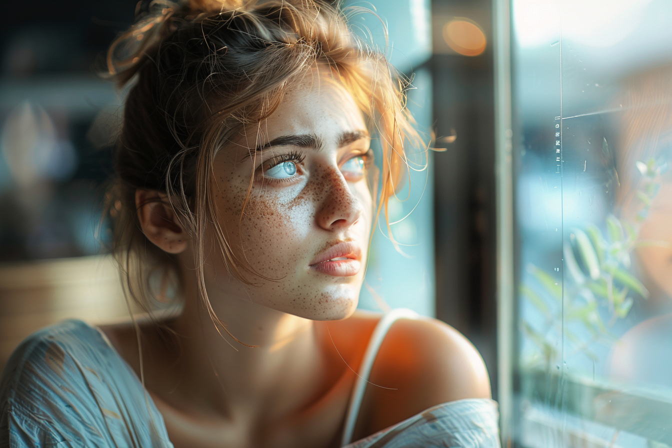 Una mujer mirando por la ventana de una cafetería | Fuente: Midjourney