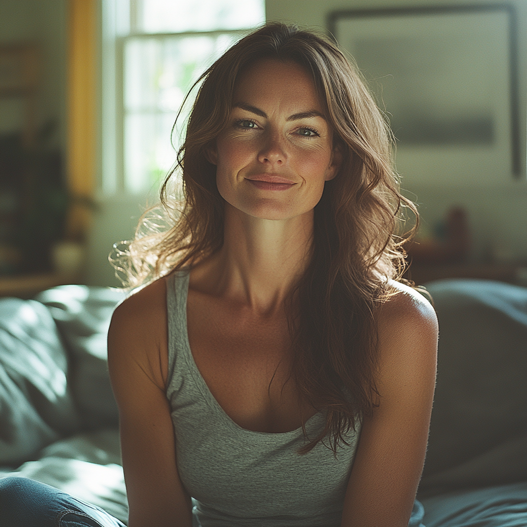 Una mujer feliz sentada en casa | Fuente: Midjourney