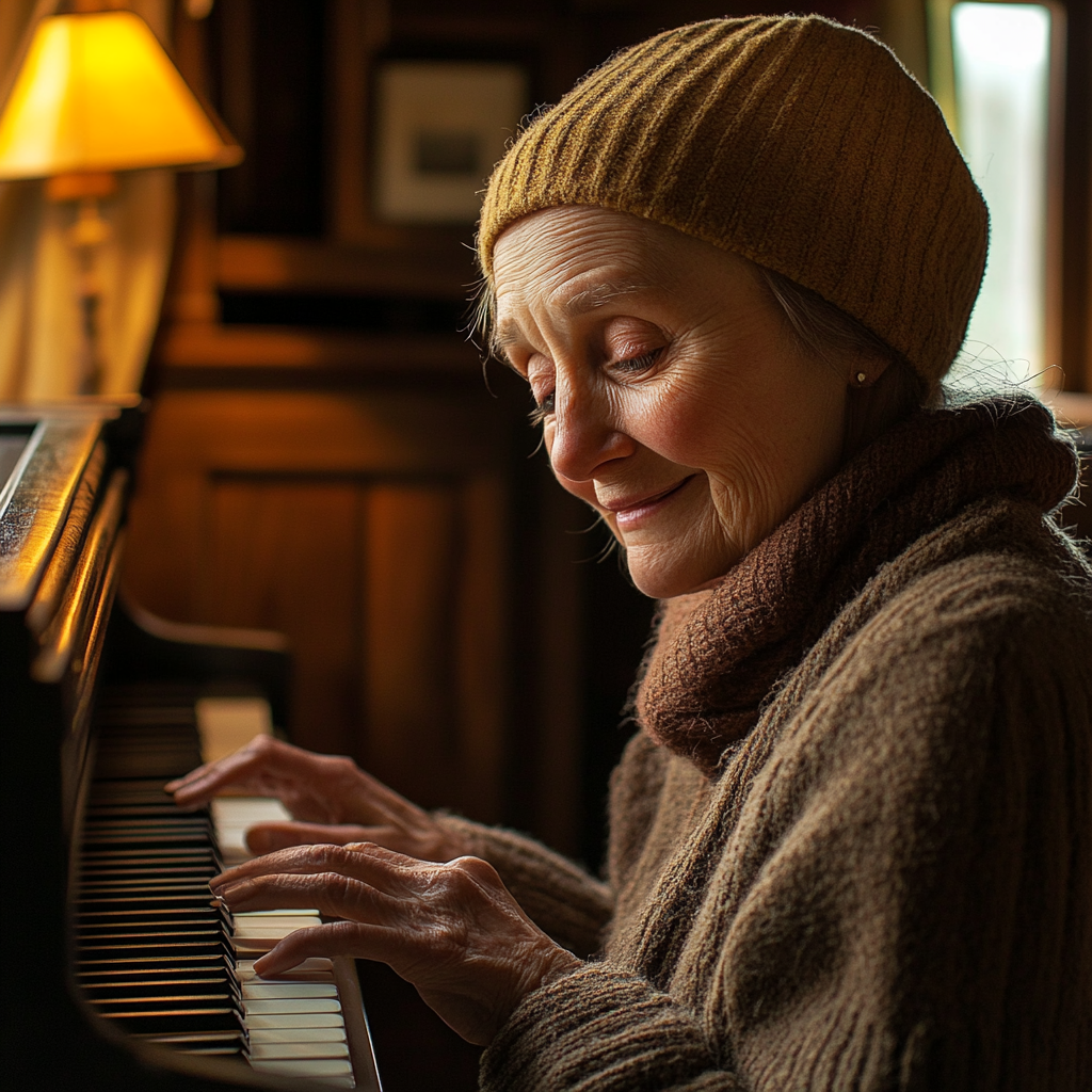 Una anciana encantada tocando el piano | Fuente: Midjourney