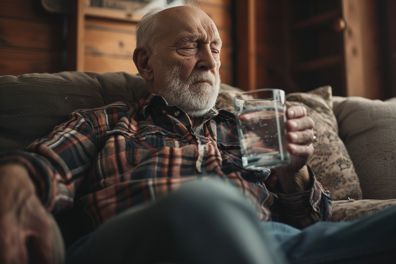 Un anciano en un sofá bebiendo agua | Fuente: Midjourney