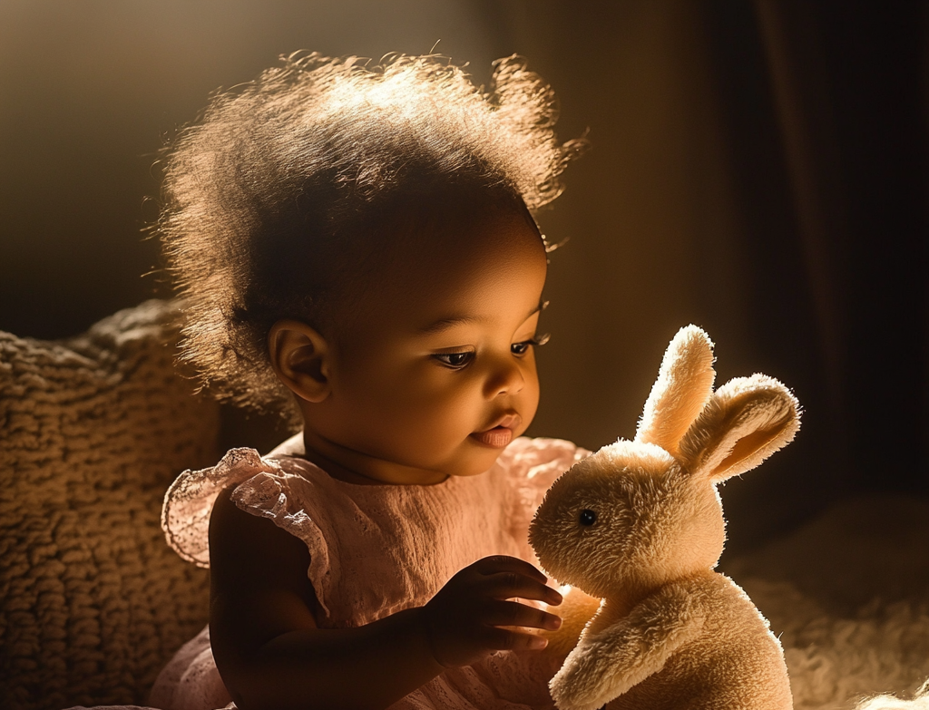 Una linda niña jugando con un conejito de peluche | Fuente: Midjourney