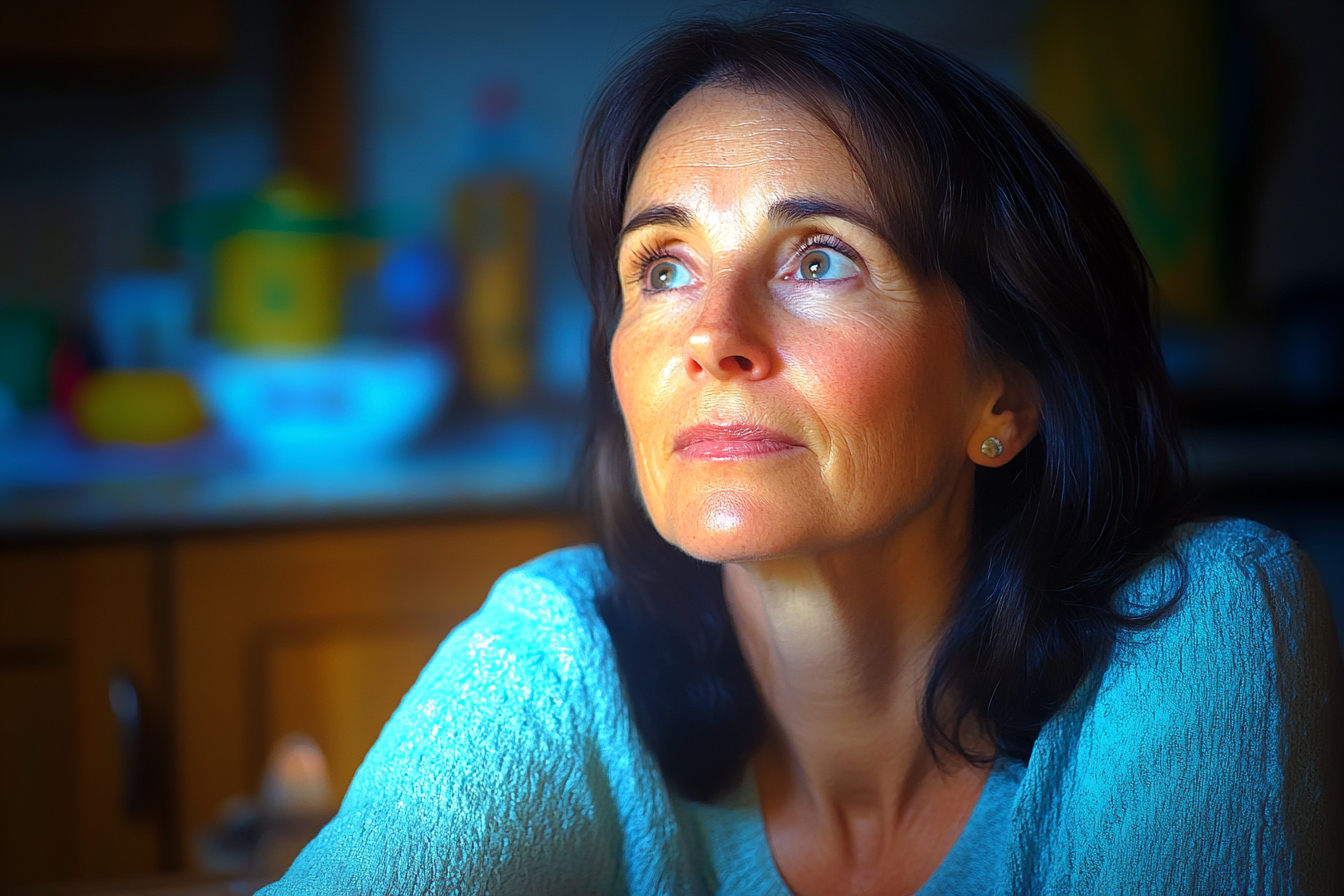 Una mujer reflexiva sentada a la mesa de la cocina | Fuente: Midjourney