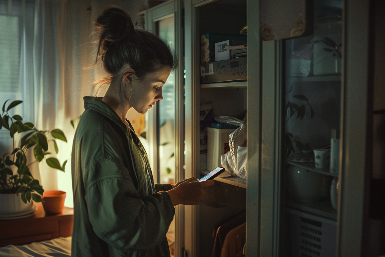 Una mujer utilizando su teléfono en el salón | Fuente: Midjourney