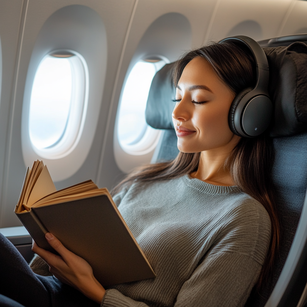 La mujer se relaja en su asiento de primera clase, libro en mano. | Fuente: Midjourney