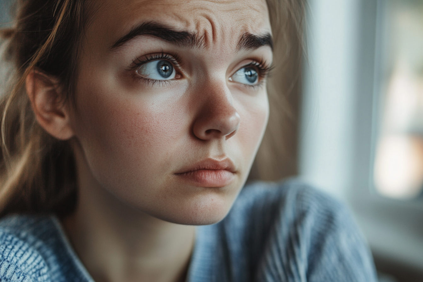 Una mujer frunce el ceño mientras está sumida en sus pensamientos | Fuente: Midjourney