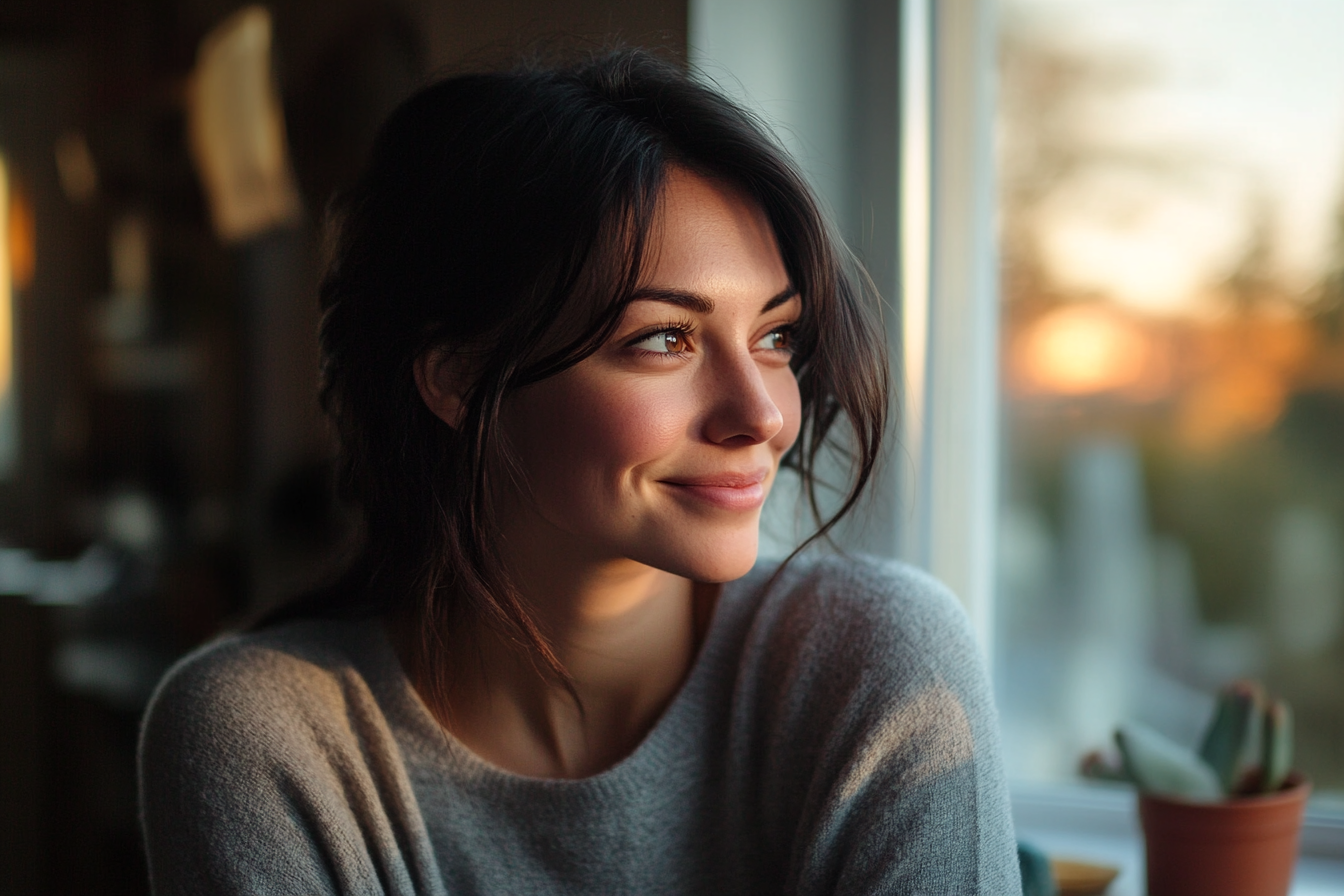 Una mujer sonriendo mientras mira por una ventana | Fuente: Midjourney