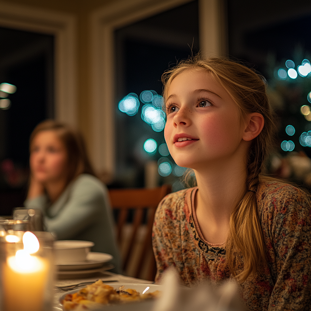 Una joven sentada a la mesa del comedor | Fuente: Midjourney