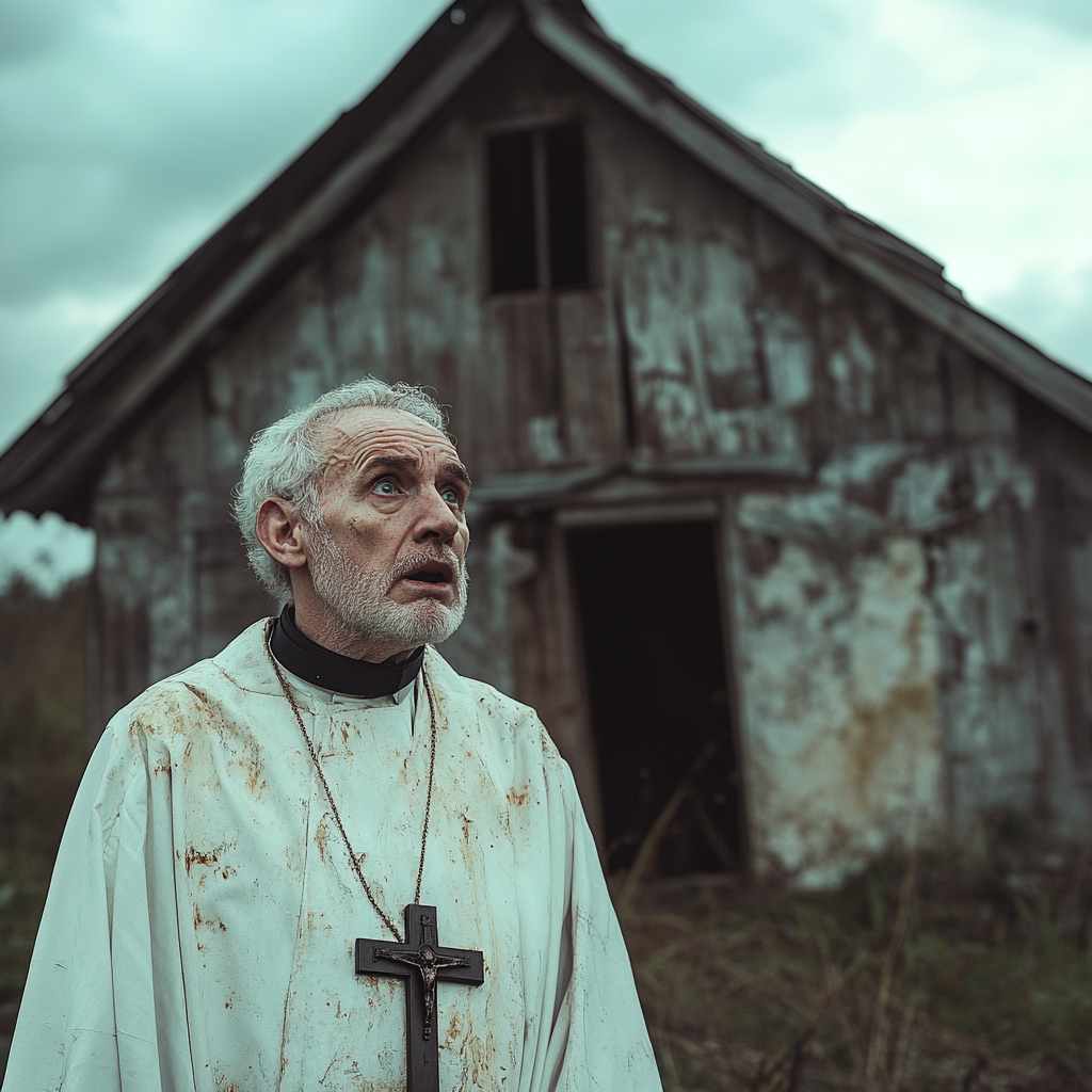 Un sacerdote conmocionado frente a una choza | Fuente: Midjourney