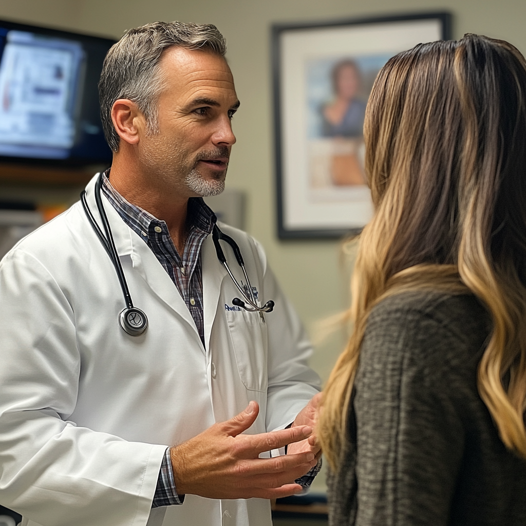 Médico veterinario hablando con su hermana en su consulta | Fuente: Midjourney