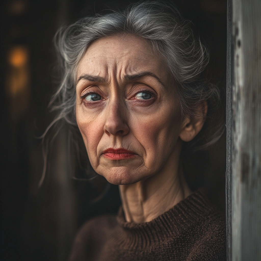 Una anciana descorazonada mirando a alguien desde la puerta de su casa | Fuente: Midjourney