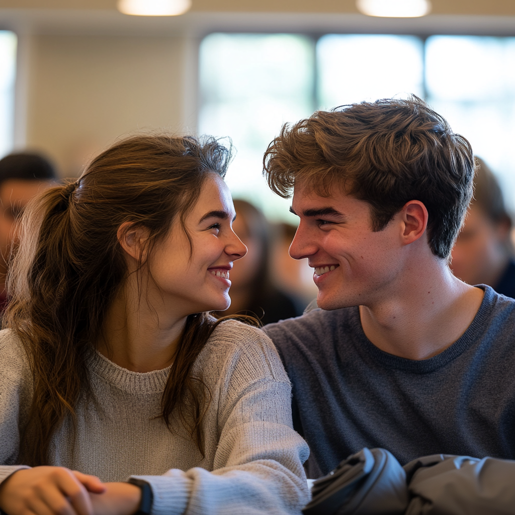 Una mujer joven y un hombre mirándose mientras están sentados en un aula | Fuente: Midjourney