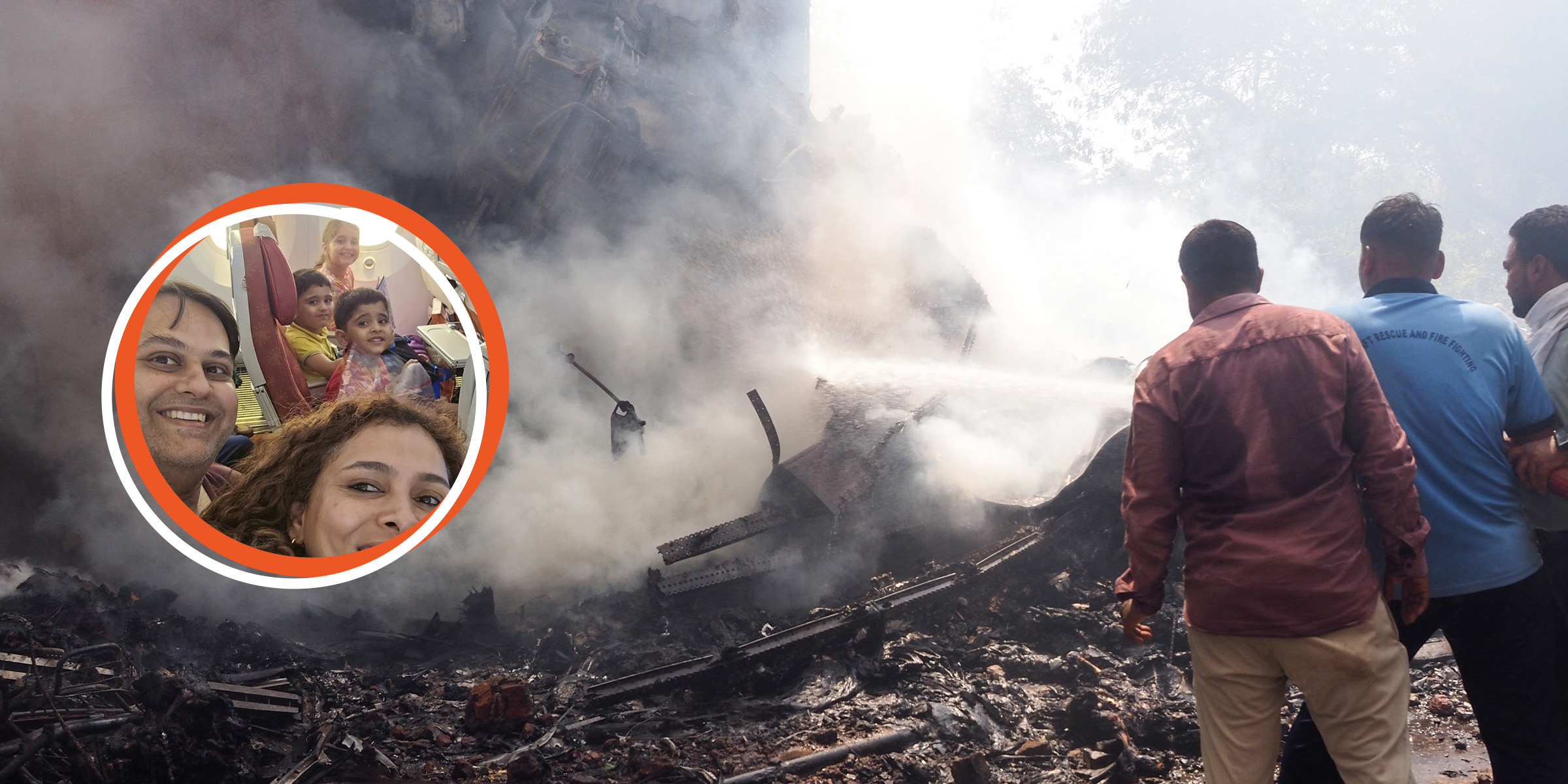 Bomberos en el lugar donde se estrelló el vuelo 171 de Air India | Pratik Joshi y su familia | Fuente: Getty Images x.com/jsuryareddy