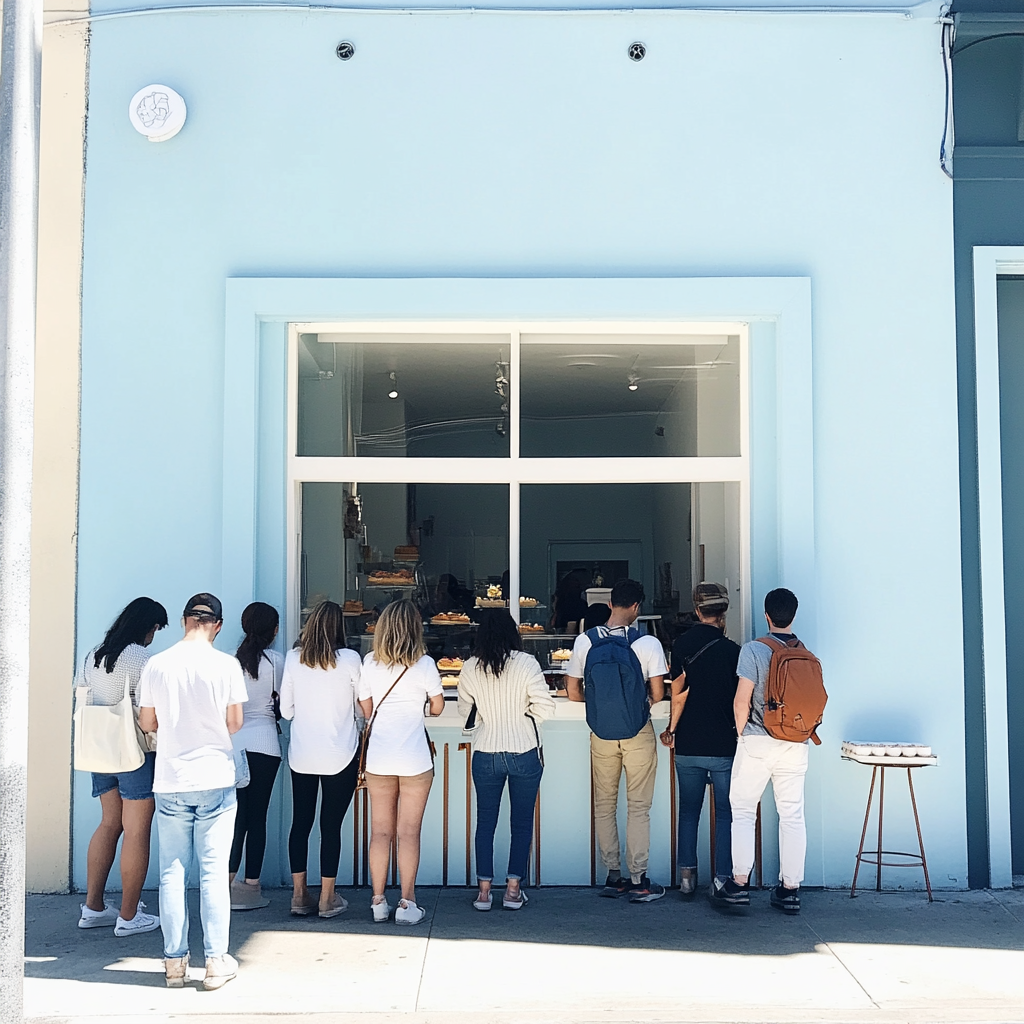 Gente esperando fuera de una panadería | Fuente: Midjourney