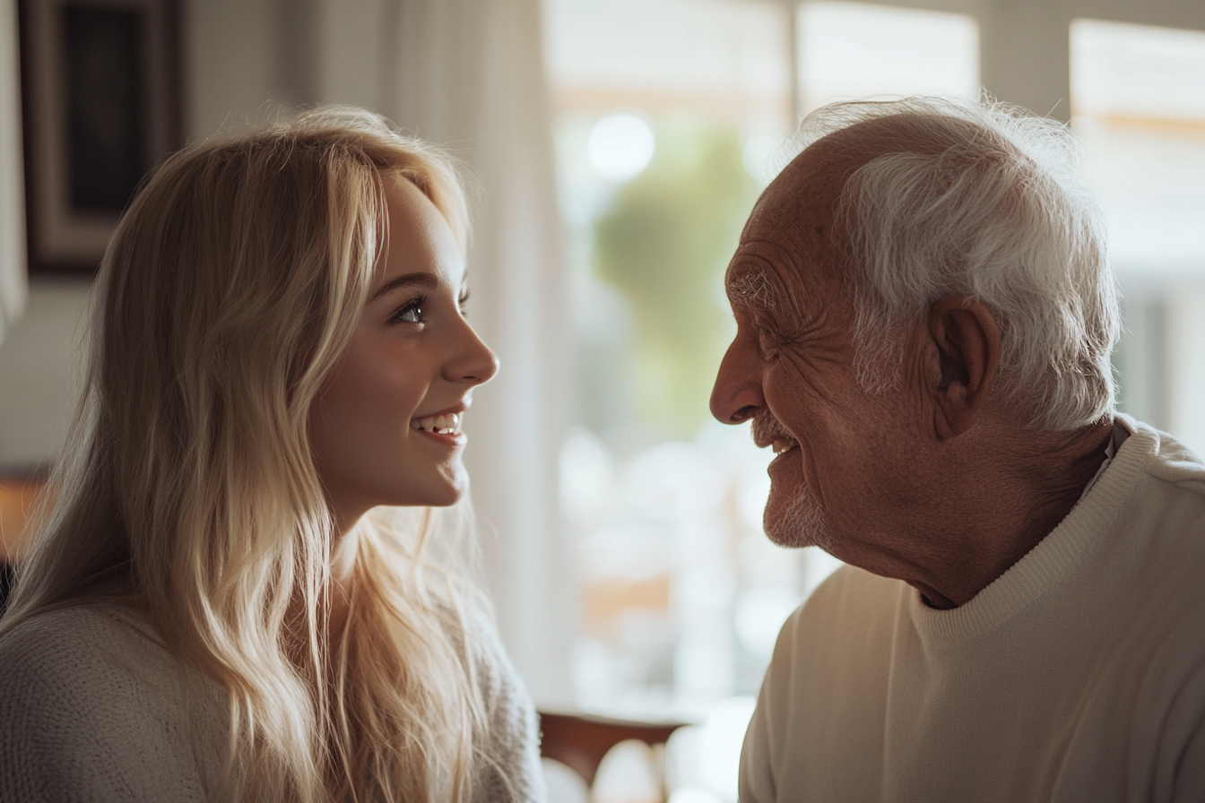 Una joven hablando con su abuelo | Fuente: Midjourney