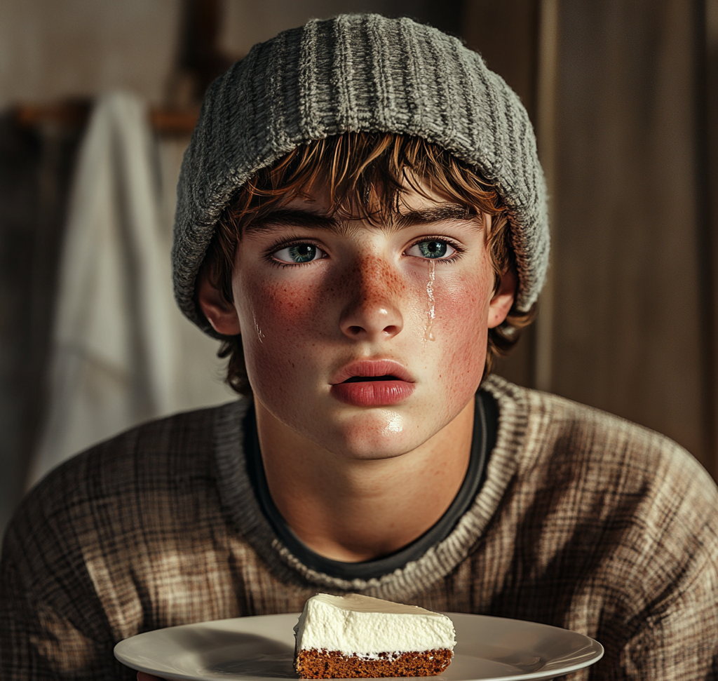 Un adolescente emocionado sosteniendo un plato con un trozo de Pastel | Fuente: Midjourney