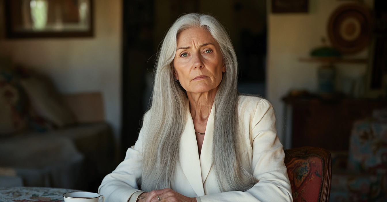 Una mujer mayor de rostro impasible sentada a la mesa del comedor | Fuente: Midjourney