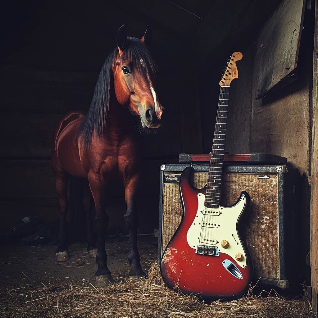 Un caballo junto a una guitarra | Fuente: Midjourney