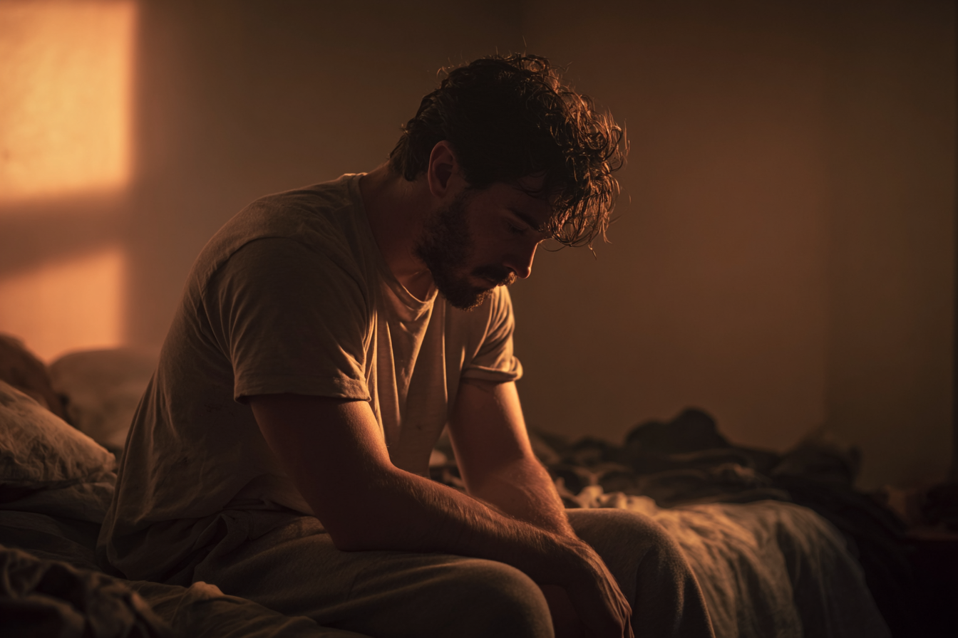 Un hombre sentado en una cama | Fuente: Midjourney