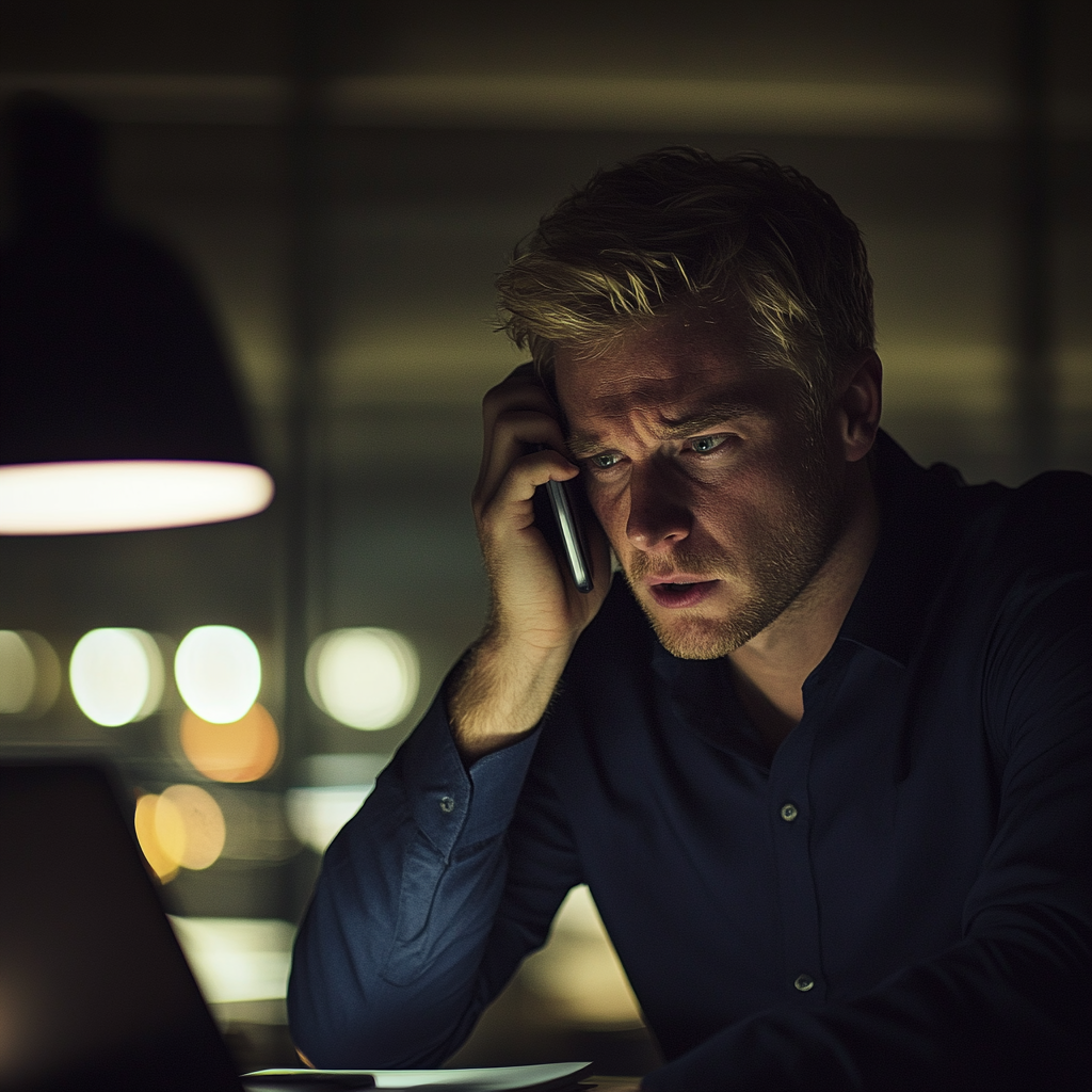 Un hombre hablando por teléfono y frunciendo el ceño | Fuente: Midjourney