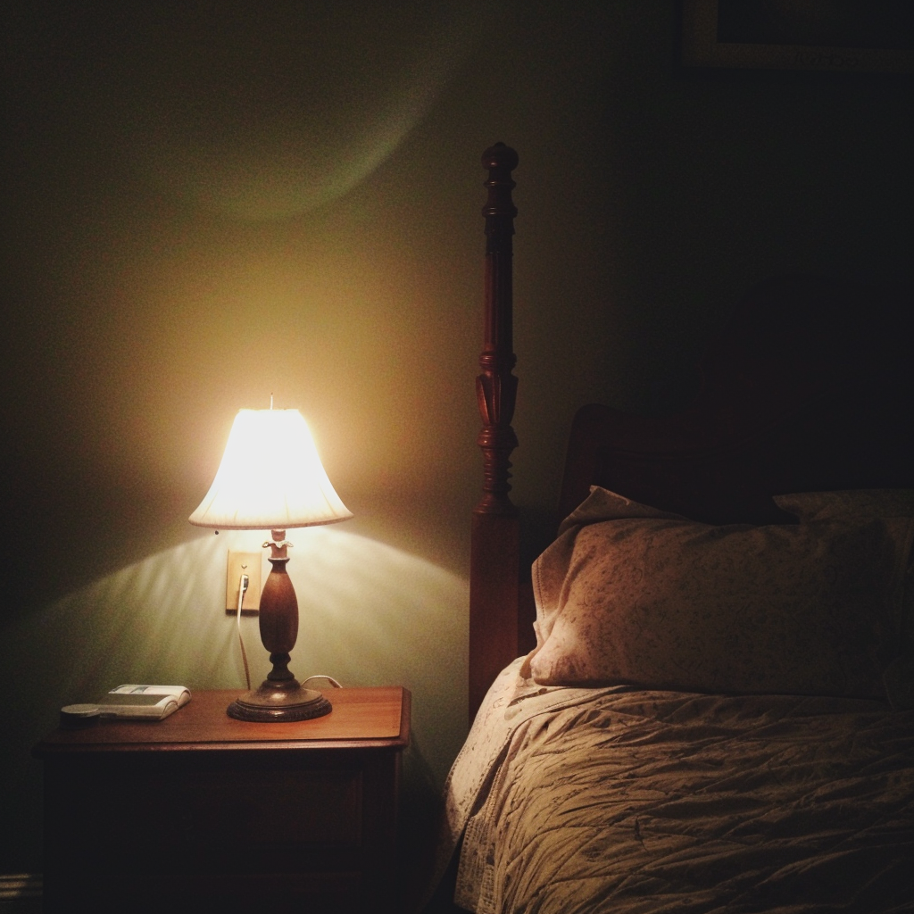 Una luz nocturna junto a una cama | Fuente: Midjourney