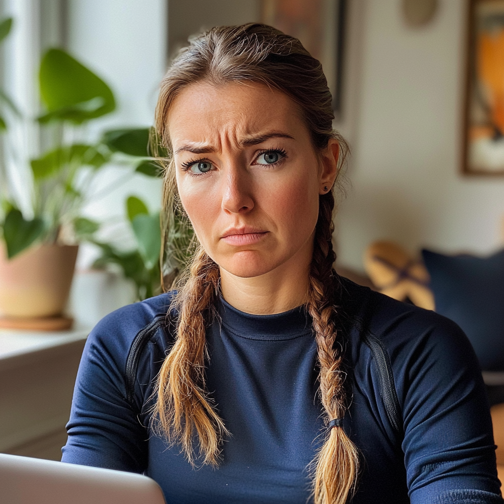 Una mujer disgustada sentada con un portátil | Fuente: Midjourney