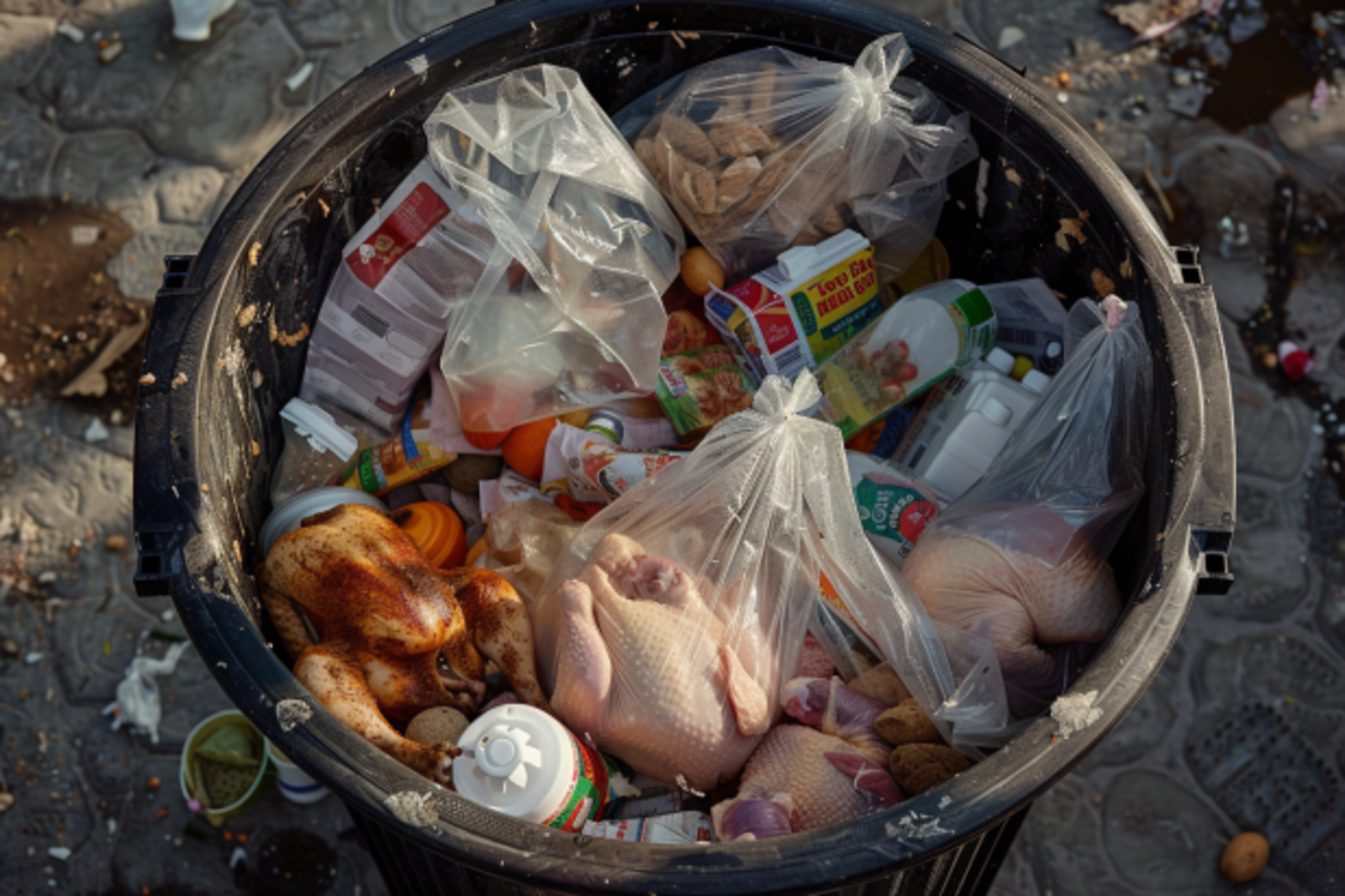 Un cubo de basura rebosante de comida | Fuente: Midjourney