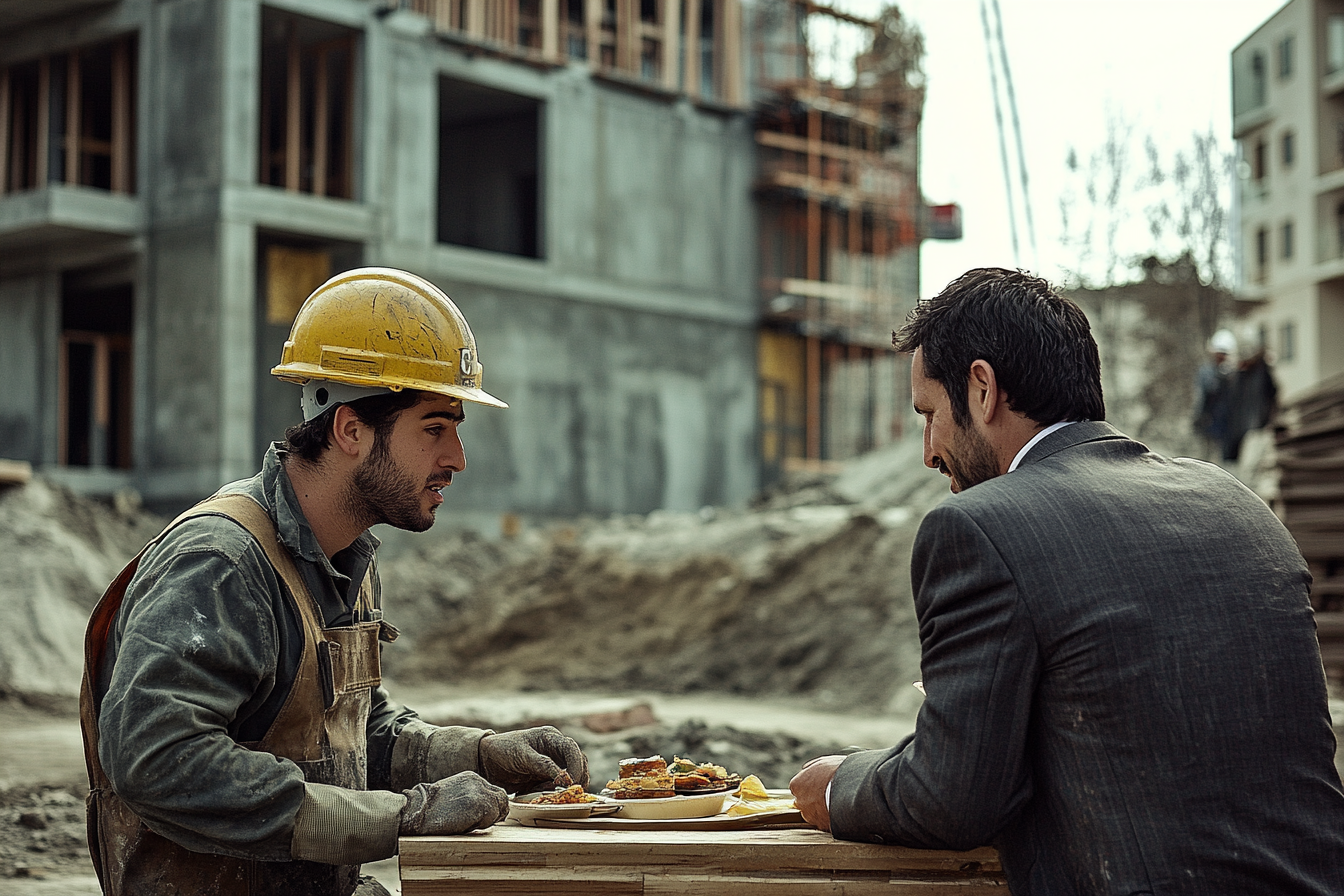 Dos hombres hablando durante el almuerzo | Fuente: Midjourney