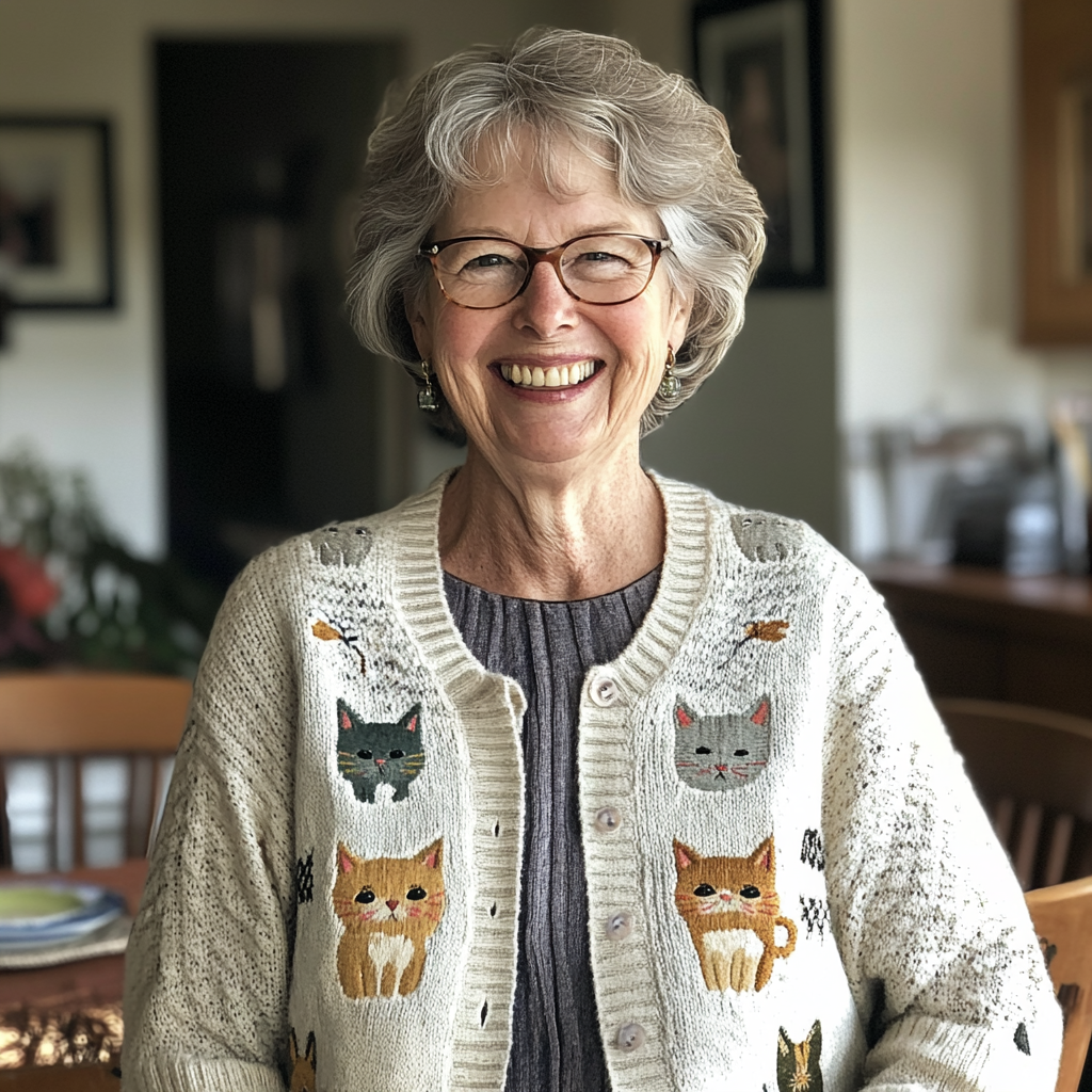 Una mujer mayor sonriente con una rebeca de gato | Fuente: Midjourney