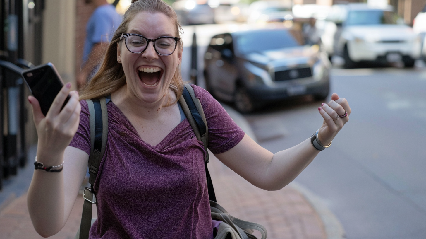 Mujer feliz con teléfono | Fuente: Midjourney