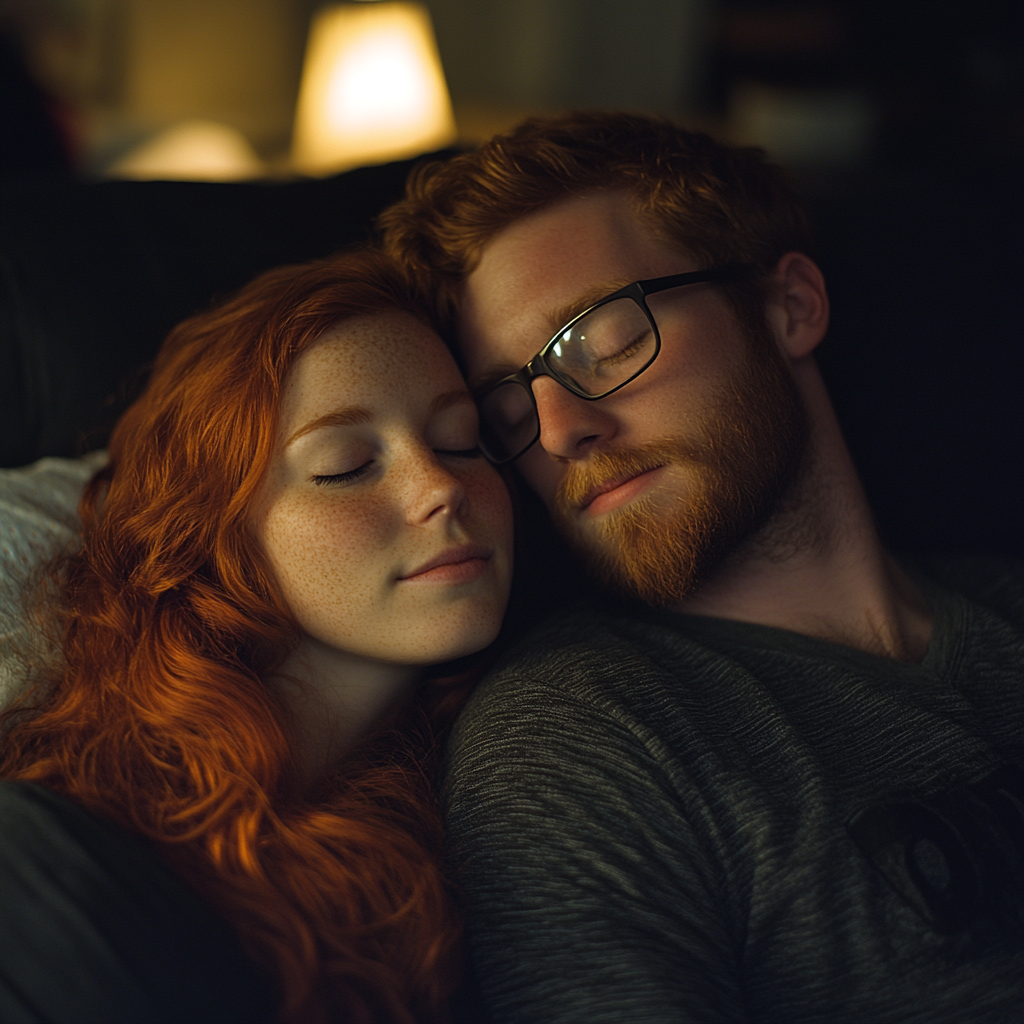 Una mujer apoyada en su hombre | Fuente: Midjourney