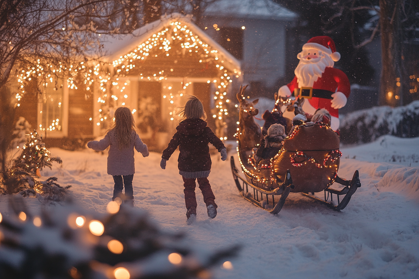 Niños corriendo en un patio nevado con adornos navideños | Fuente: Midjourney