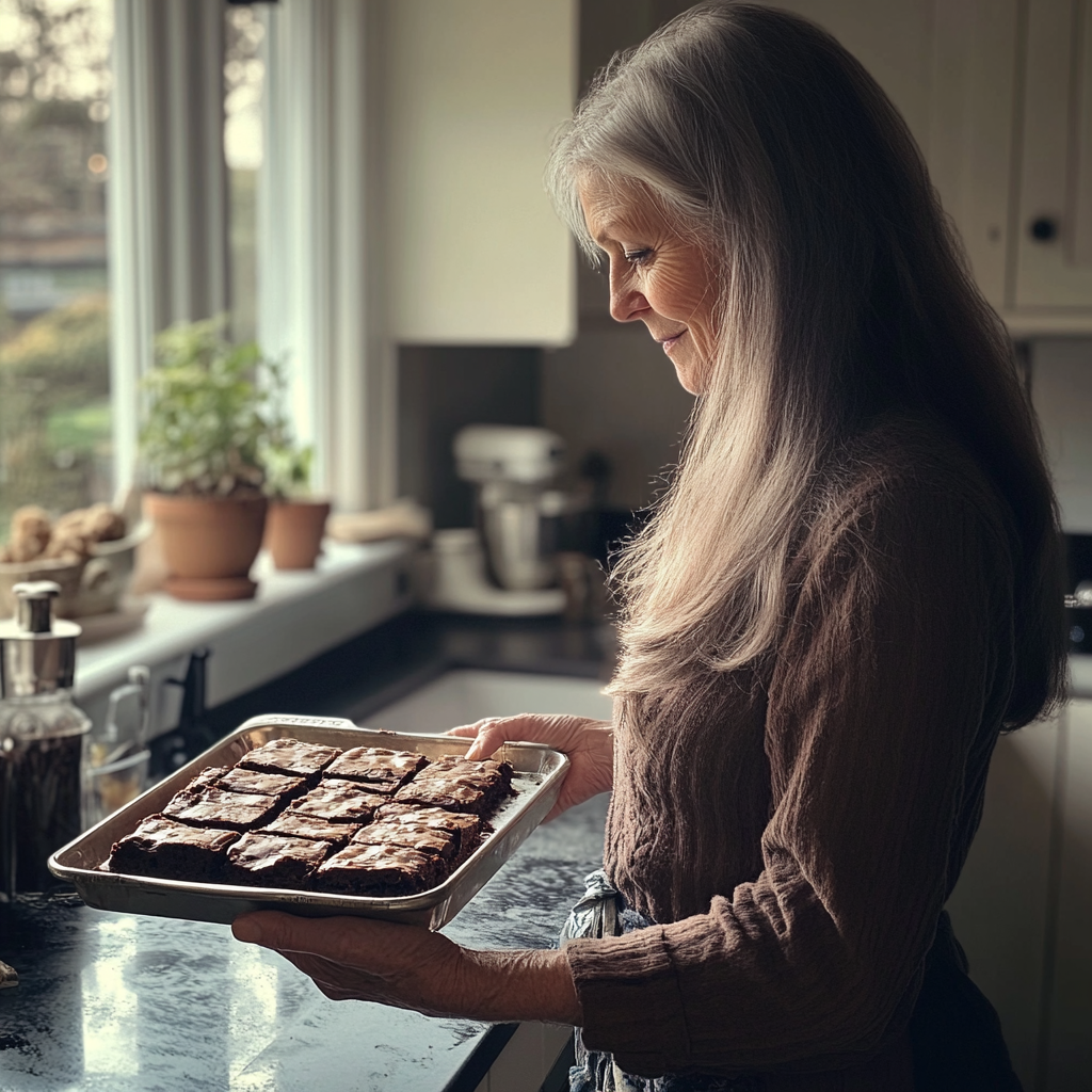 Una mujer mayor con una bandeja de brownies | Fuente: Midjourney