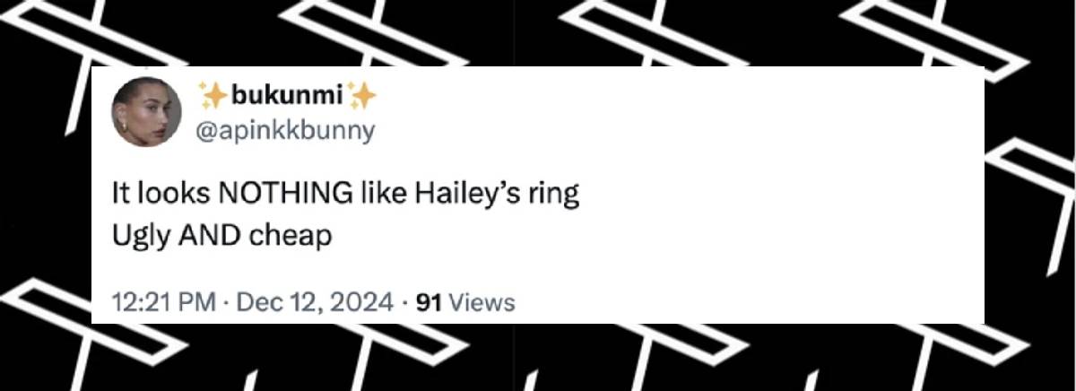 Un comentario de un fan sobre el anillo de compromiso de Selena Gomez, fechado el 12 de diciembre de 2024: "No se parece en lo MAS MINIMO al anillo de Hailey. Feo Y barato". | Fuente: X/apinkkbunny