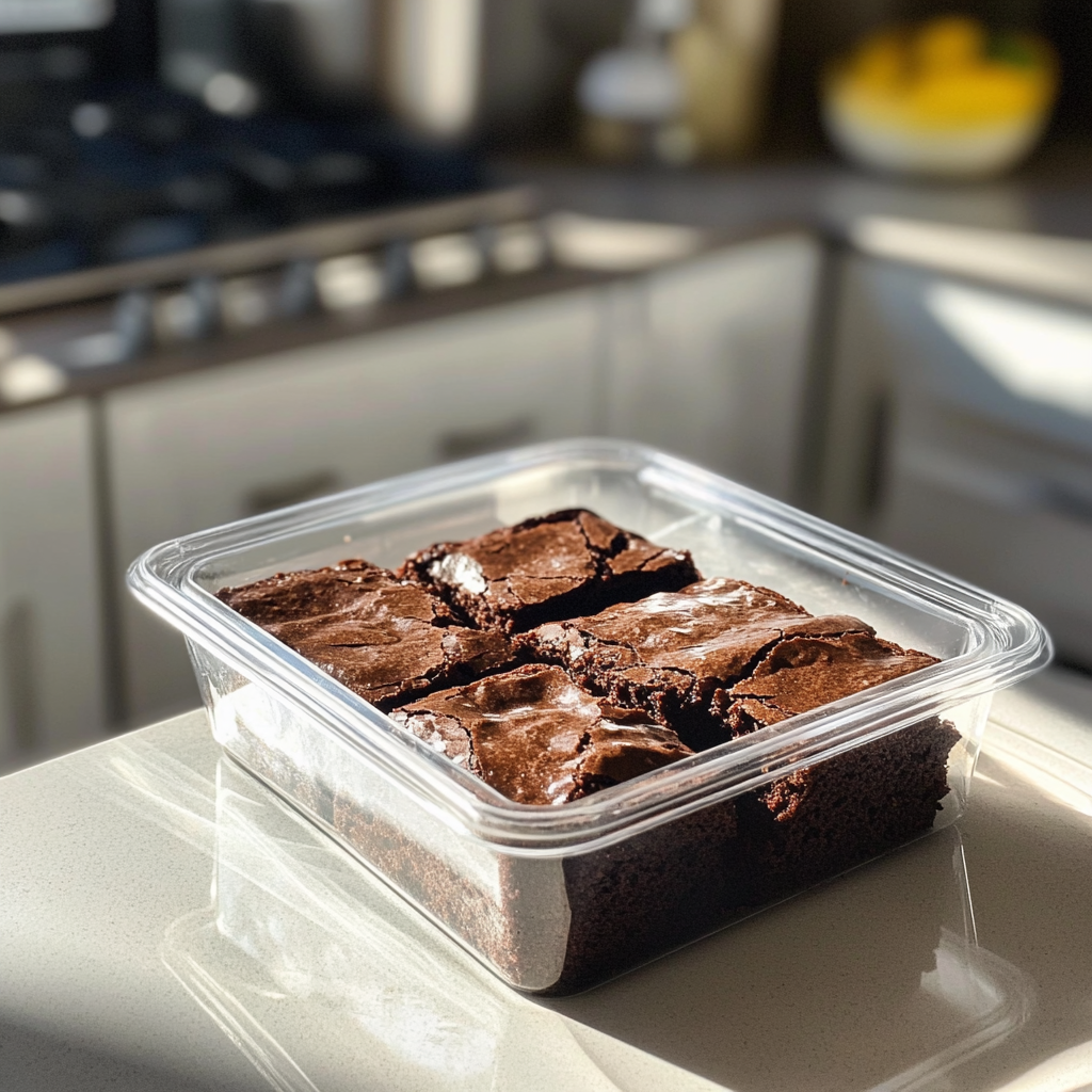 Un recipiente de brownies de chocolate | Fuente: Midjourney