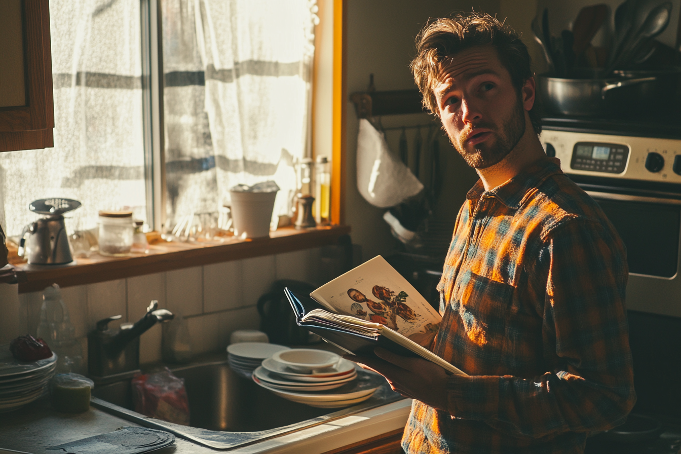 Un hombre con un libro de cocina en la mano en una cocina con el fregadero lleno de platos sucios | Fuente: Midjourney