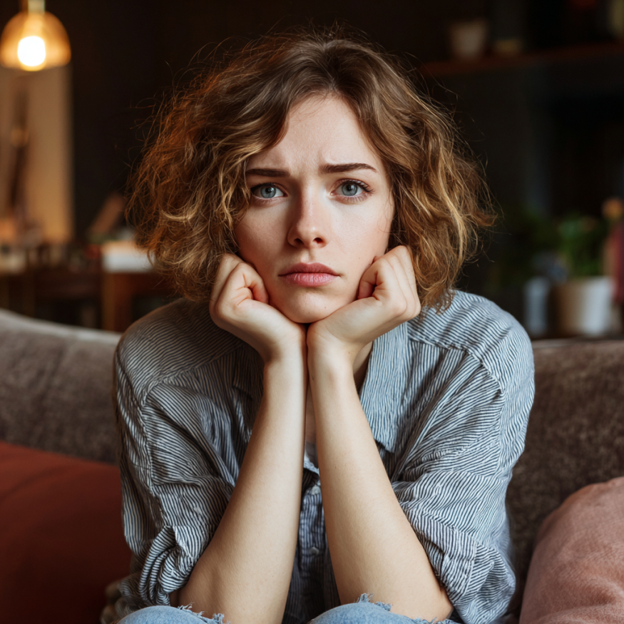 Una mujer sentada en un sofá con aspecto preocupado | Fuente: Midjourney