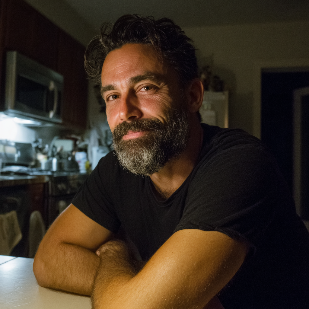 Un uomo sorridente seduto al tavolo della cucina | Fonte: Midjourney