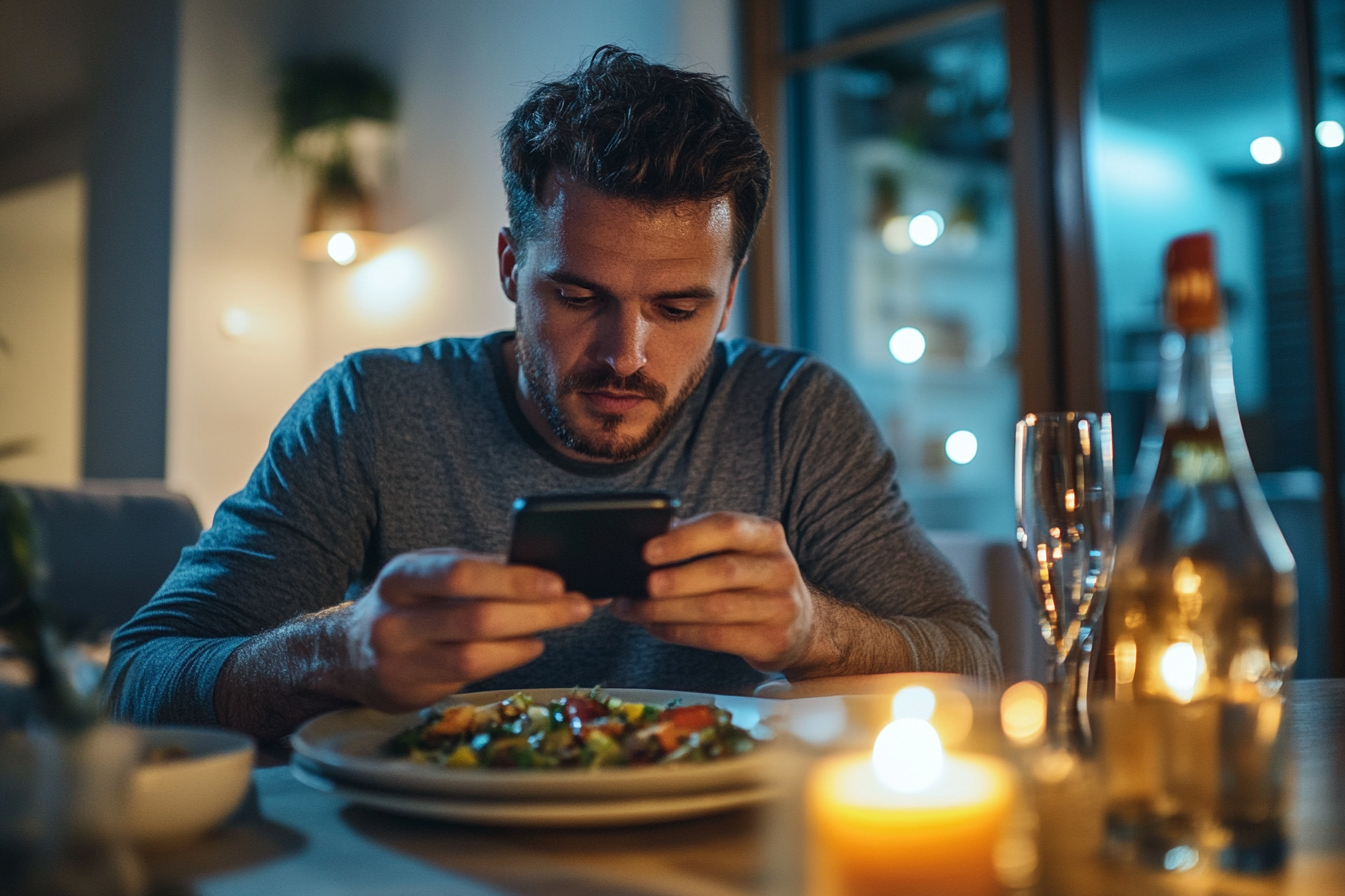 Un hombre mirando el celular durante la cena | Fuente: Midjourney