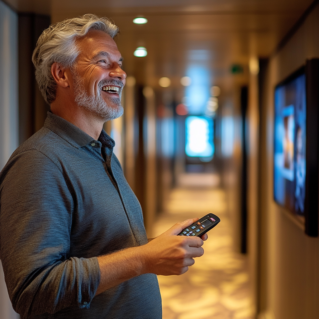 Un hombre riendo con el mando de la tele en un pasillo | Fuente: Midjourney