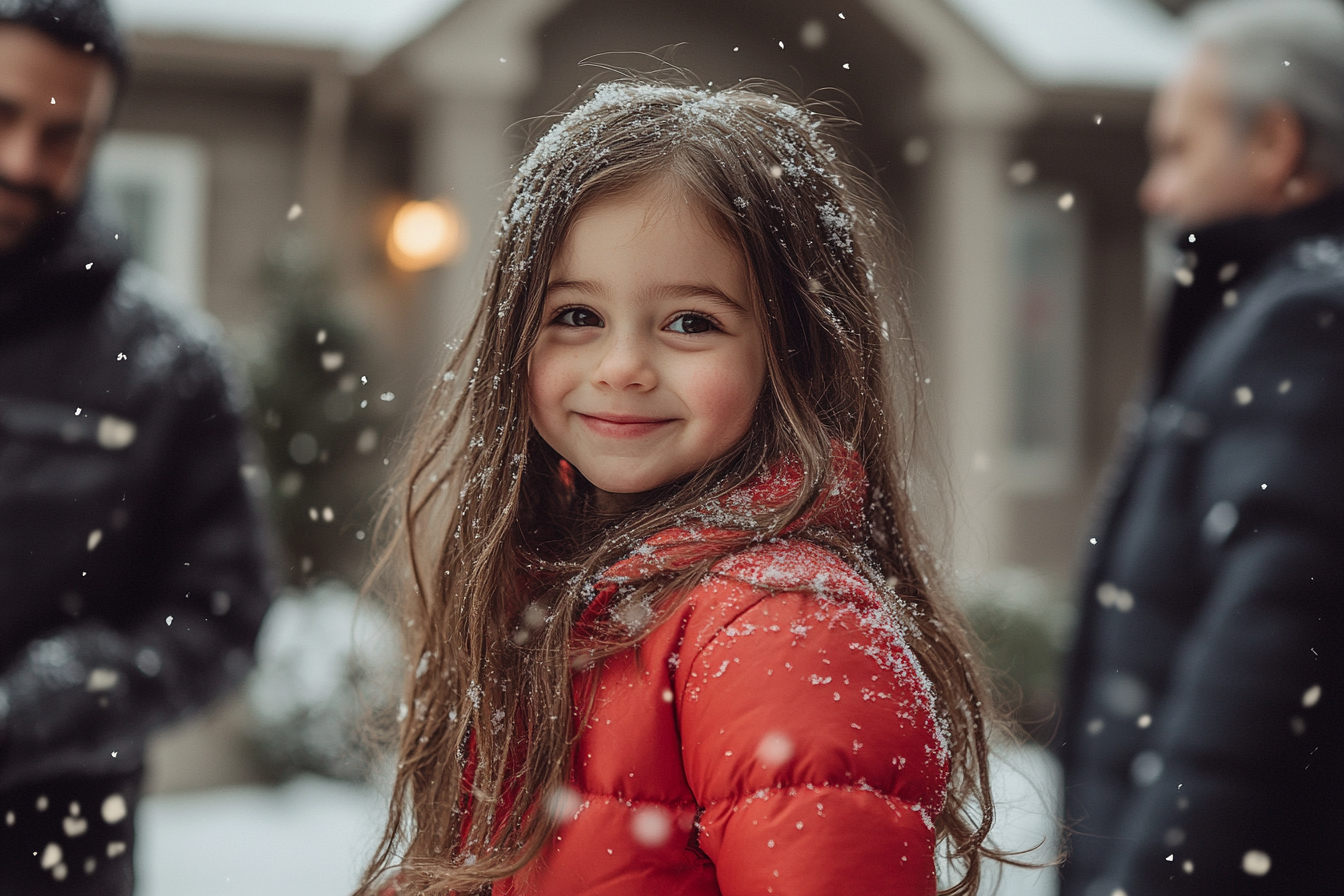 Una niña con chaqueta roja, feliz con dos adultos al fondo en un día de nieve | Fuente: Midjourney