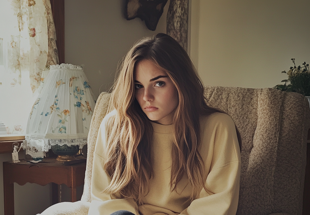 Una joven sentada en un sillón | Fuente: Midjourney