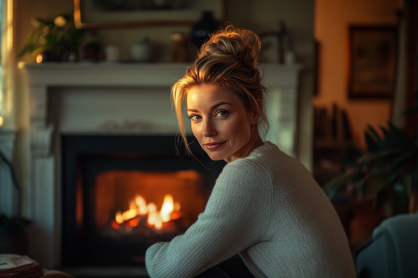 Mujer arrodillada junto a una chimenea sonriendo maléficamente | Fuente: Midjourney