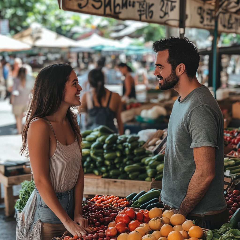 Gente charlando en un mercado agrícola | Fuente: Midjourney